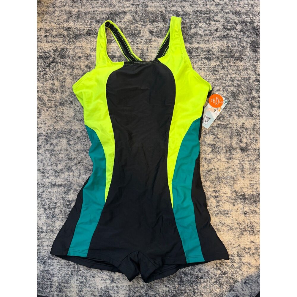 NWT Charmo Neon Yellow Teal Colorblock Racerback Boyshort Swimsuit Womens M